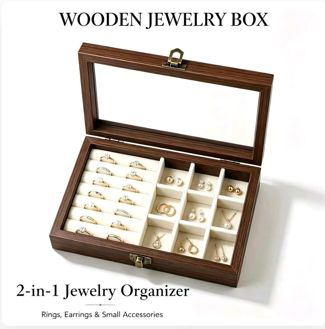 Body Jewelry Organizer - 침실용 월넛 패턴 벨벳 보석 정리함,