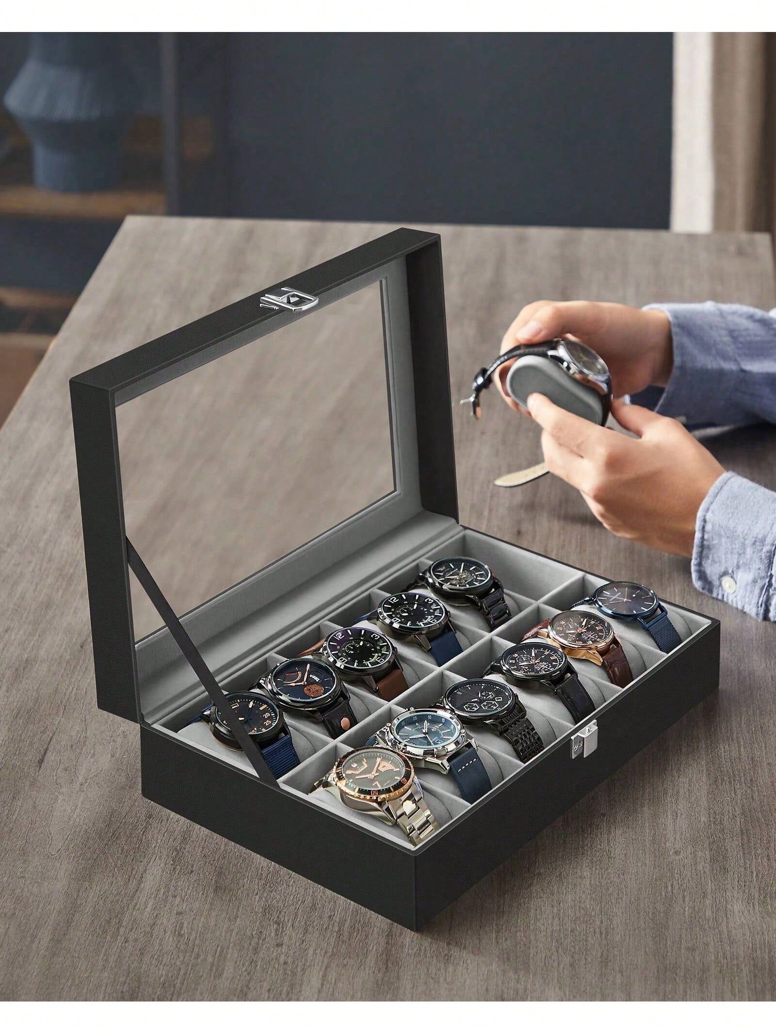 유리 뚜껑과 서랍이 있는 12슬롯 잠금식 시계 상자,  - Body Jewelry Organizer 리뷰 및 가격